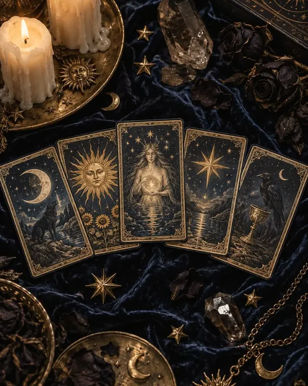 Golden cards, candles and crystals on dark velvet