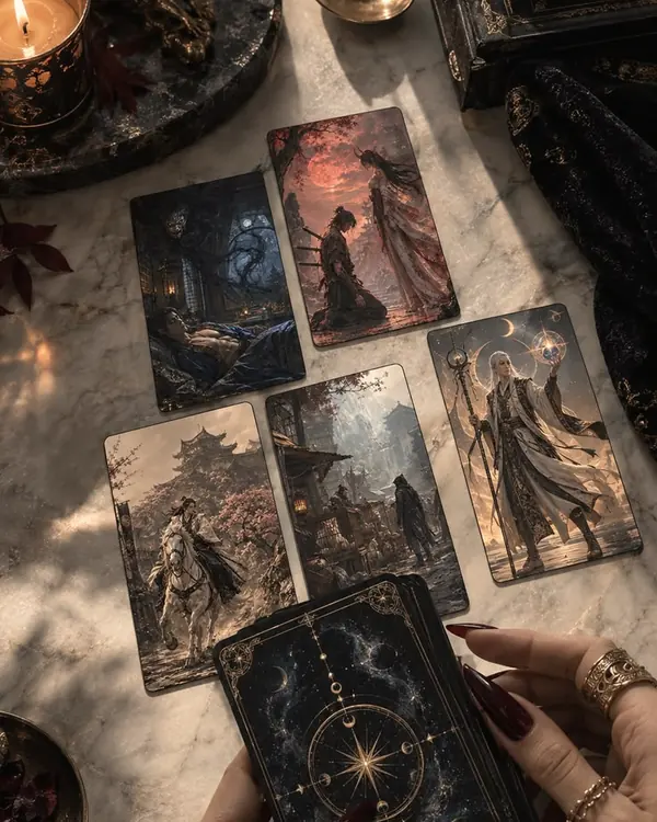A woman's hands holding a deck, cards laid out on a marble table