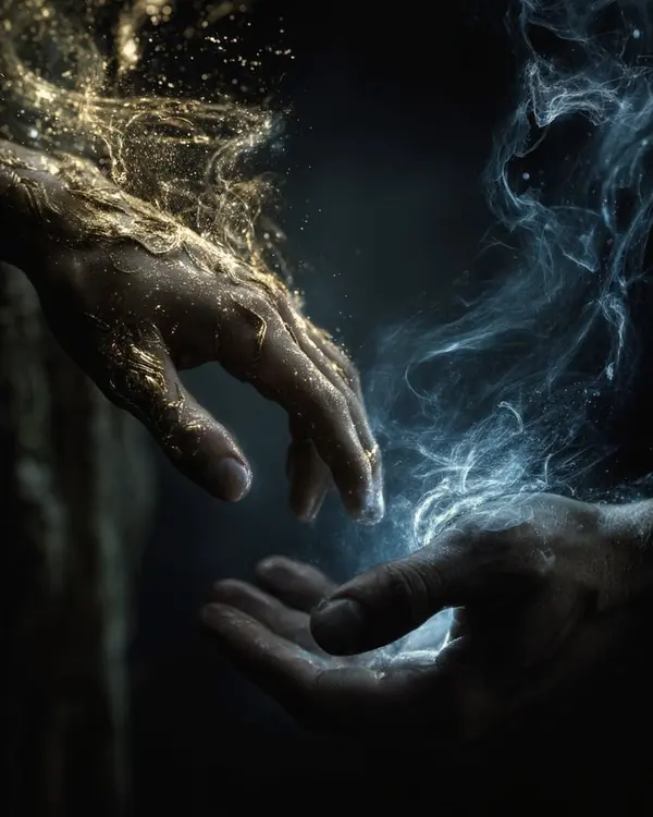 Two hands reaching for one another through golden and blue smoke